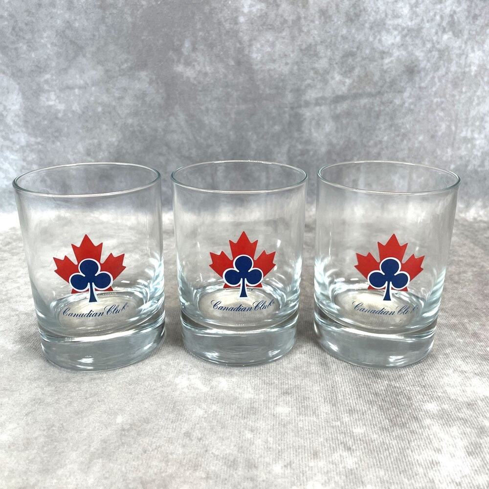 Set of 3 Vintage Canadian Club Whiskey Rocks Glasses Red Maple Leaf Blue Club